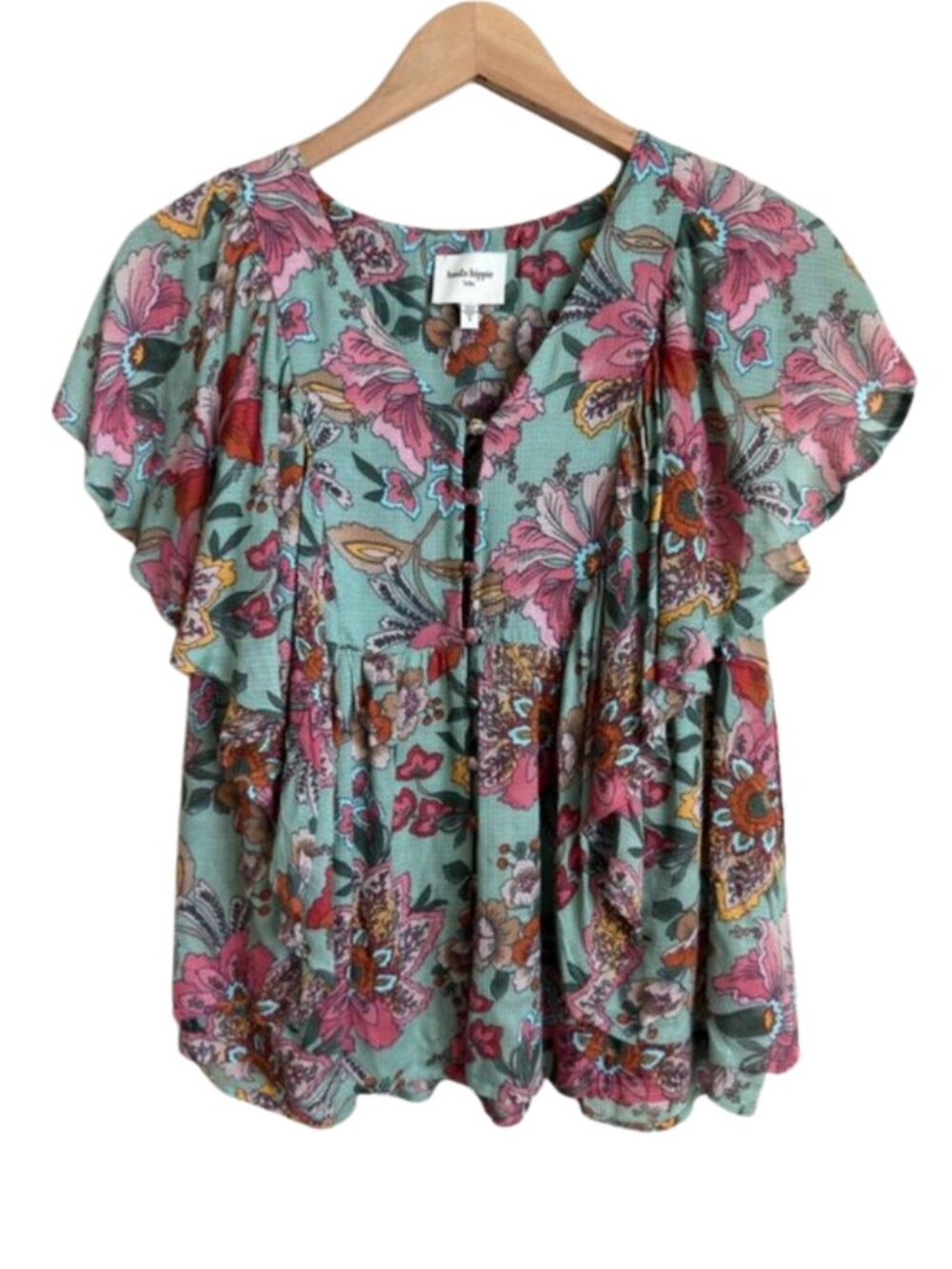 Haute Hippie Tribe Karen Floral Flutter Sleeve Babydoll Blouse Modal Size S Boho - Picture 2 of 12